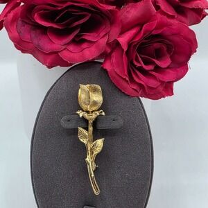 Vintage Tanner II Gold Tone Rose Brooch Long Stem Floral Signed‎ Pin Exquisite